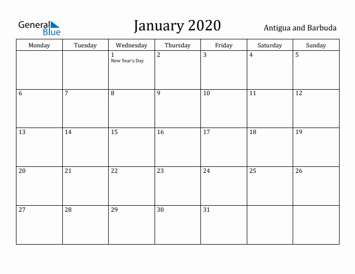 January 2020 Calendar Antigua and Barbuda