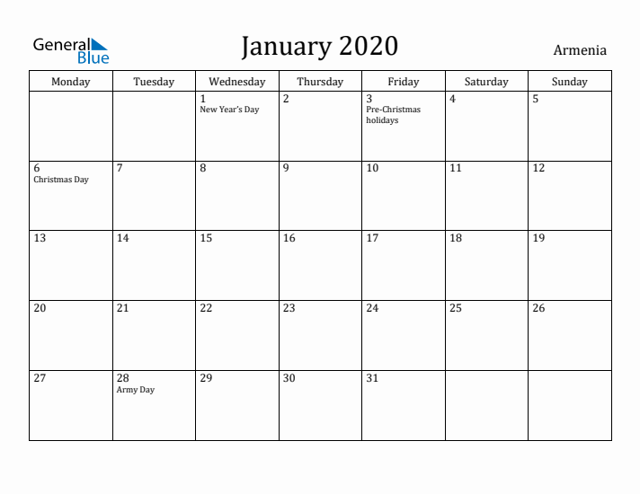 January 2020 Calendar Armenia