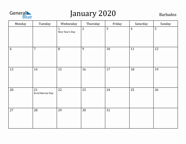 January 2020 Calendar Barbados