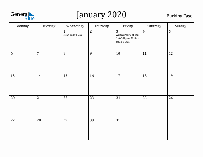 January 2020 Calendar Burkina Faso