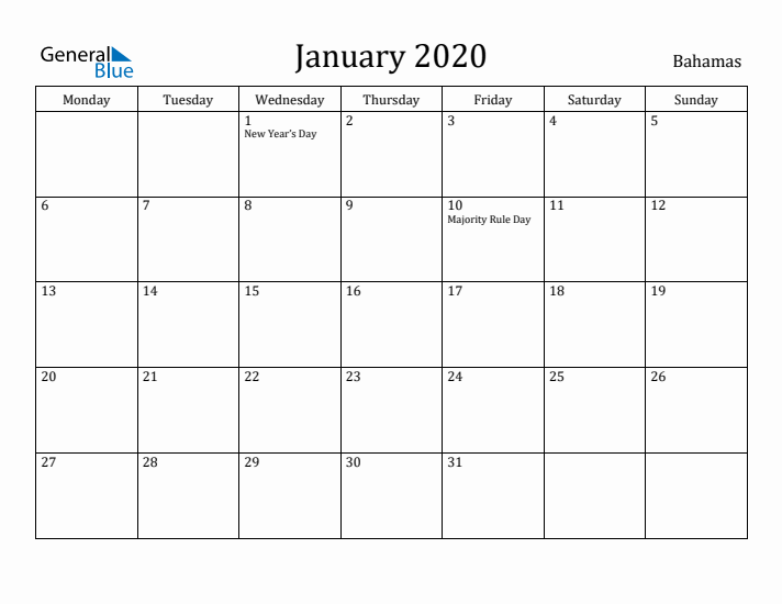 January 2020 Calendar Bahamas