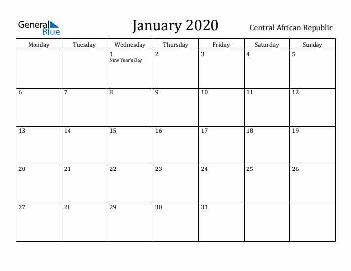 January 2020 Calendar Central African Republic