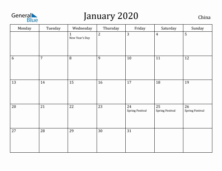 January 2020 Calendar China