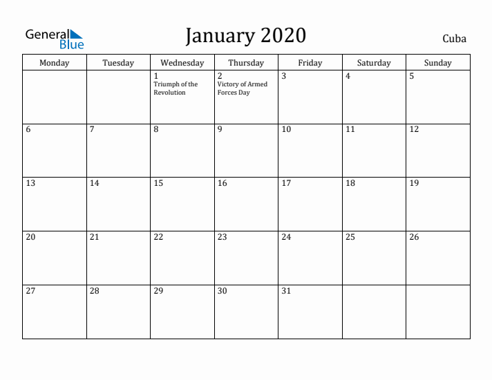 January 2020 Calendar Cuba