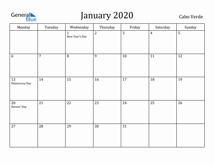 January 2020 Calendar Cabo Verde
