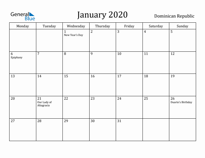 January 2020 Calendar Dominican Republic