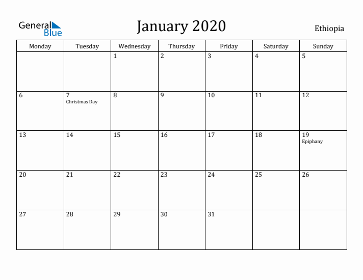 January 2020 Calendar Ethiopia