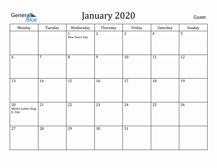 January 2020 Calendar Guam