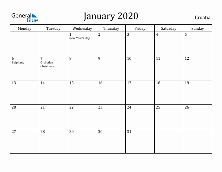 January 2020 Calendar Croatia