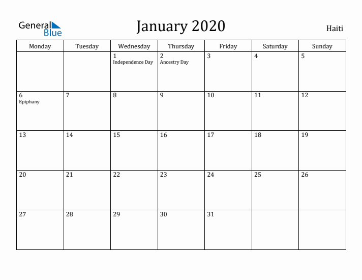 January 2020 Calendar Haiti