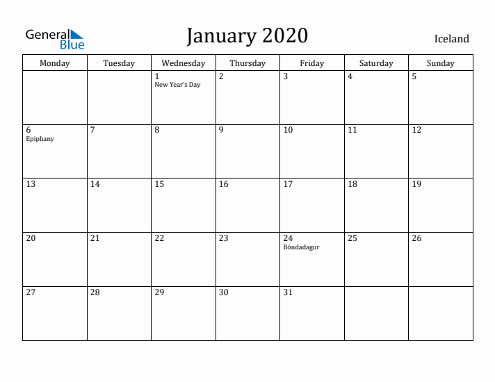 January 2020 Calendar Iceland