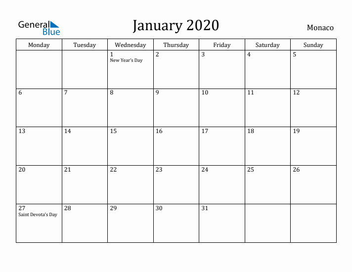 January 2020 Calendar Monaco
