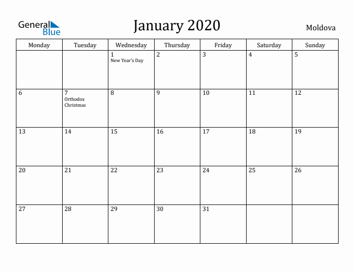 January 2020 Calendar Moldova