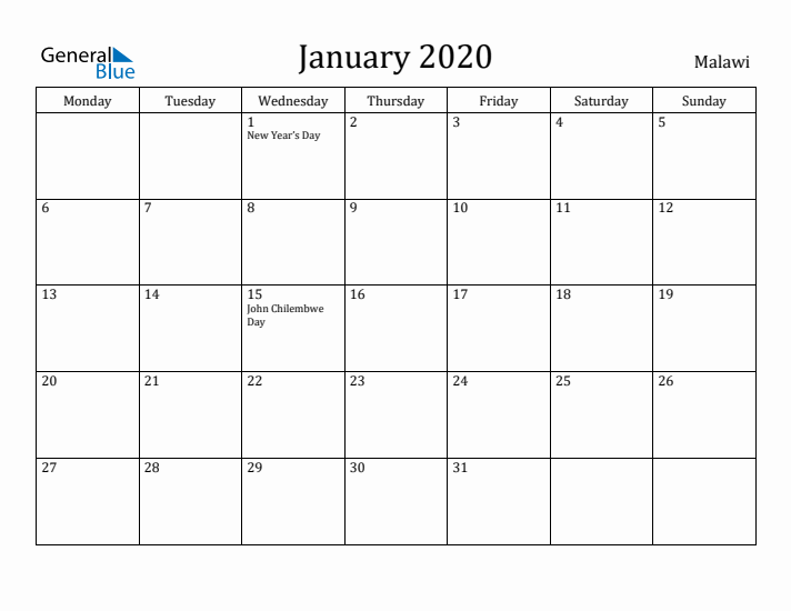 January 2020 Calendar Malawi