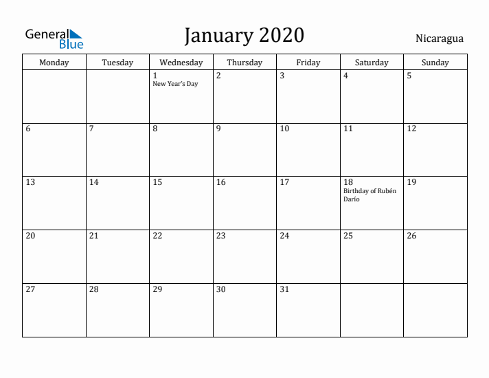 January 2020 Calendar Nicaragua
