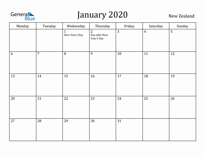 January 2020 Calendar New Zealand