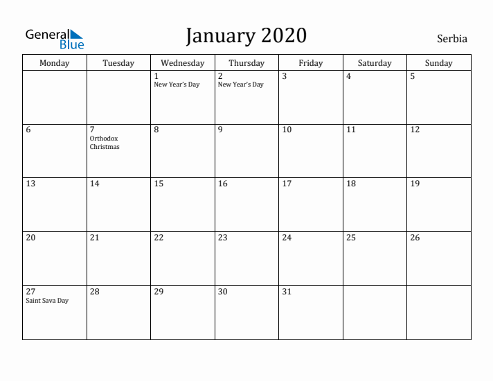 January 2020 Calendar Serbia