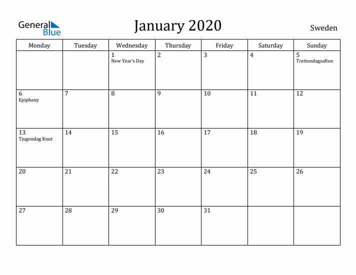 January 2020 Calendar Sweden