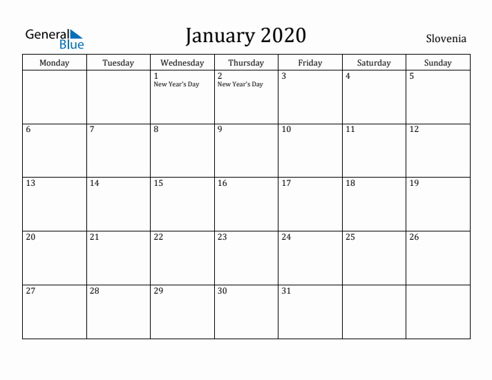January 2020 Calendar Slovenia