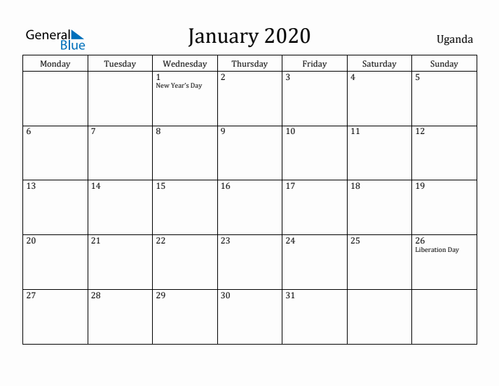 January 2020 Calendar Uganda