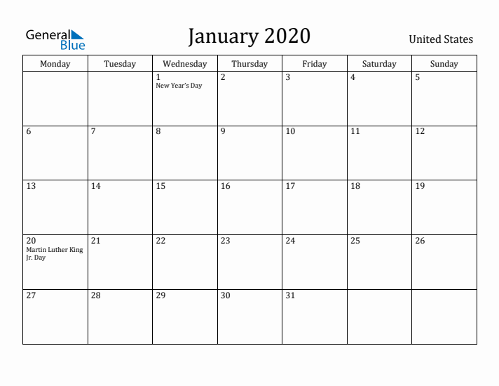 January 2020 Calendar United States