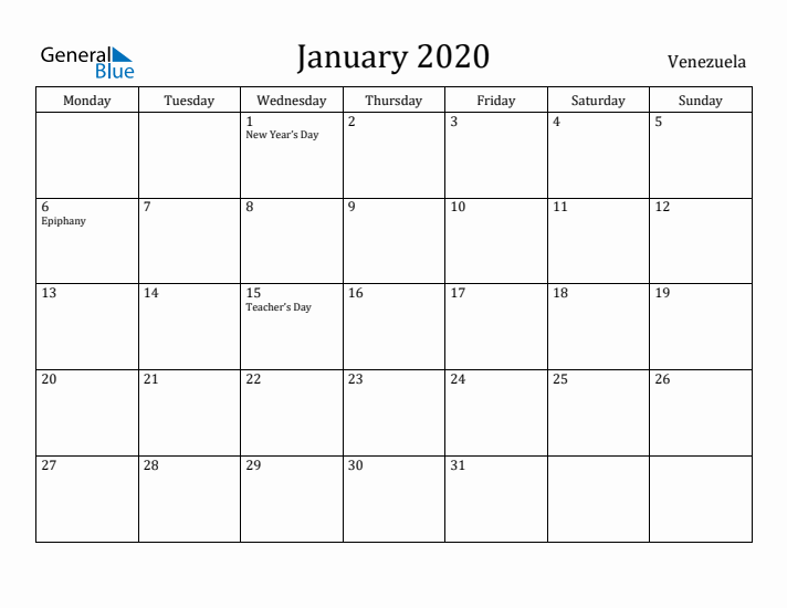 January 2020 Calendar Venezuela