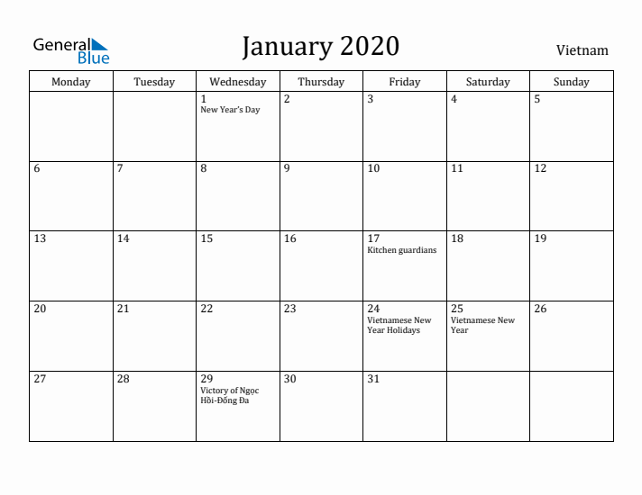 January 2020 Calendar Vietnam
