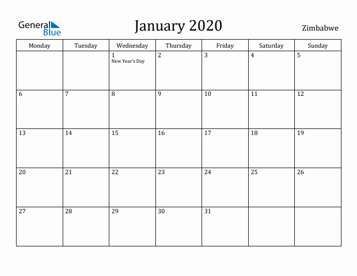 January 2020 Calendar Zimbabwe