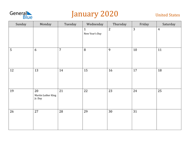 United States January 2020 Calendar with Holidays