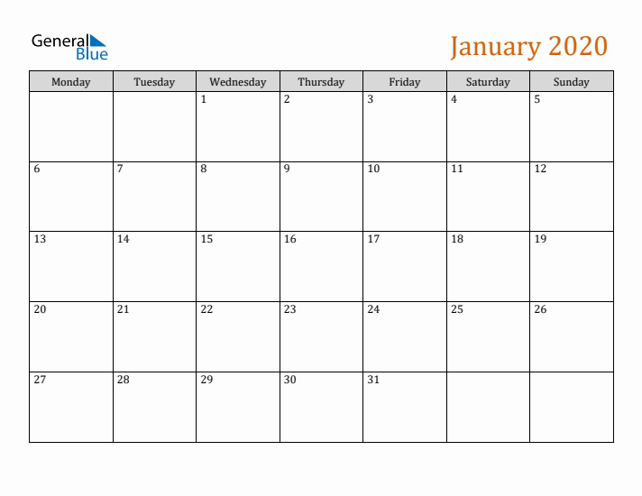 Editable January 2020 Calendar