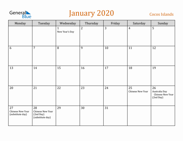 January 2020 Holiday Calendar with Monday Start