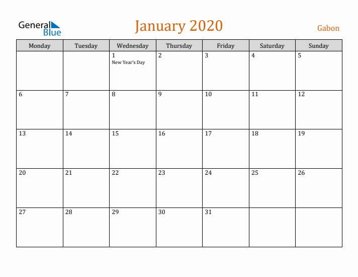 January 2020 Holiday Calendar with Monday Start