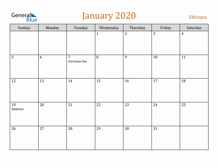 January 2020 Holiday Calendar with Sunday Start