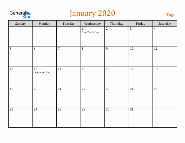 January 2020 Holiday Calendar with Sunday Start