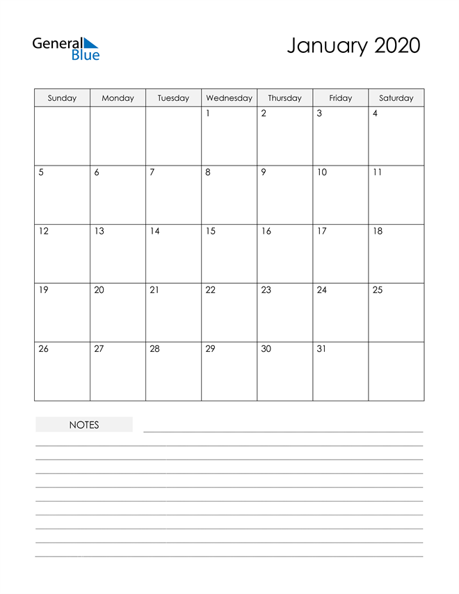  Printable Calendar with Notes - January 2020