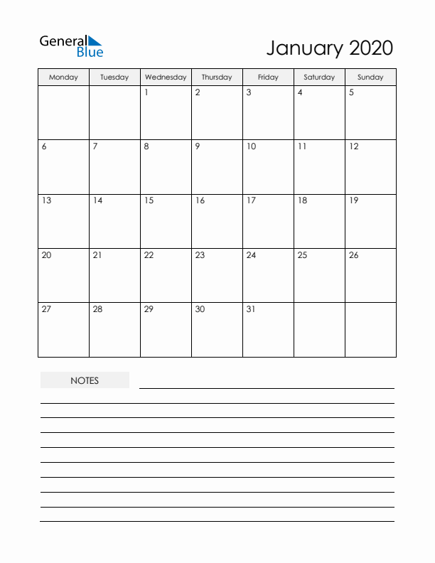 Printable Calendar with Notes - January 2020 