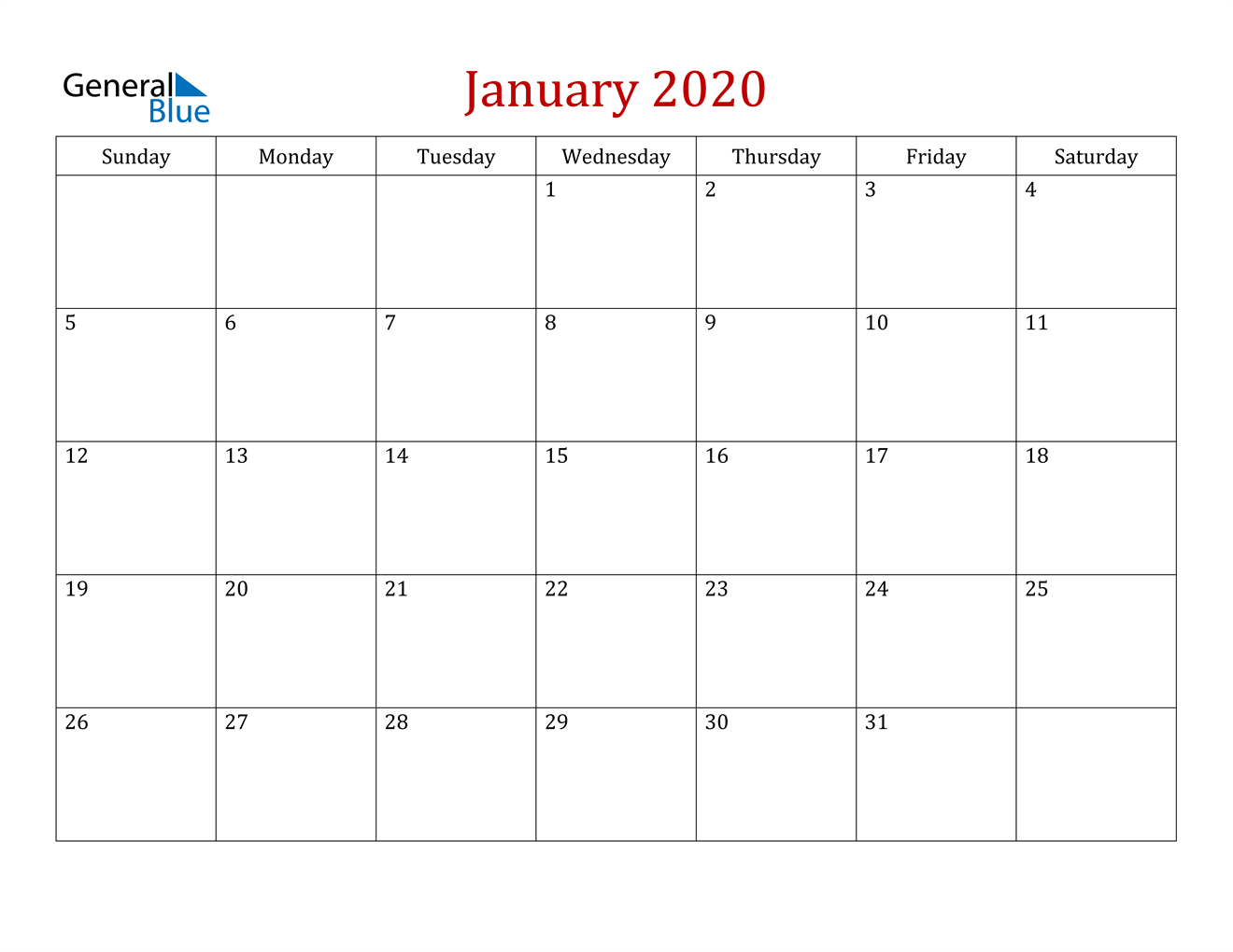 January 2020 Calendar - PDF Word Excel