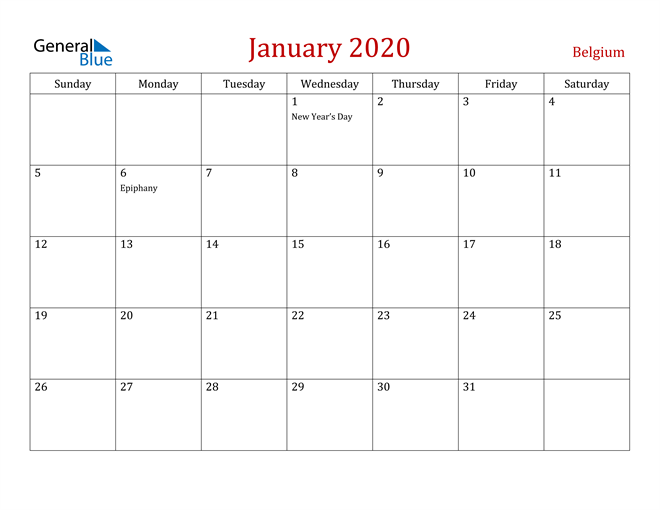 Belgium January 2020 Calendar