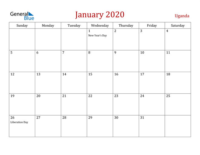Uganda January 2020 Calendar with Holidays