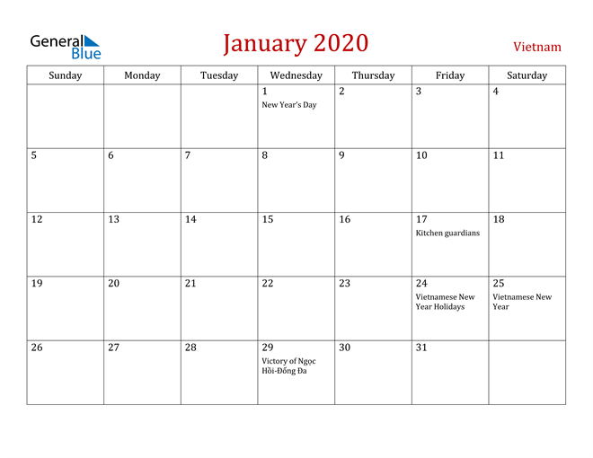 Vietnam January 2020 Calendar