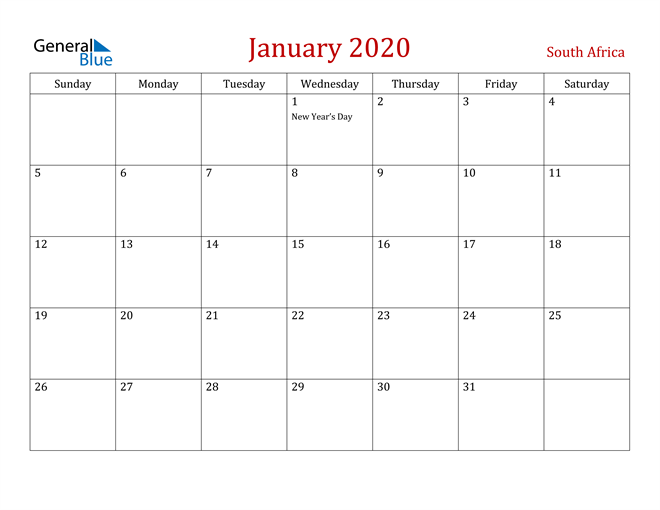 South Africa January 2020 Calendar