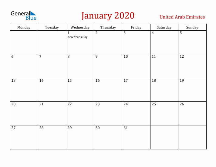 United Arab Emirates January 2020 Calendar - Monday Start