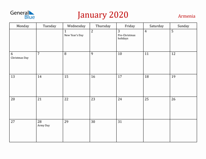 Armenia January 2020 Calendar - Monday Start