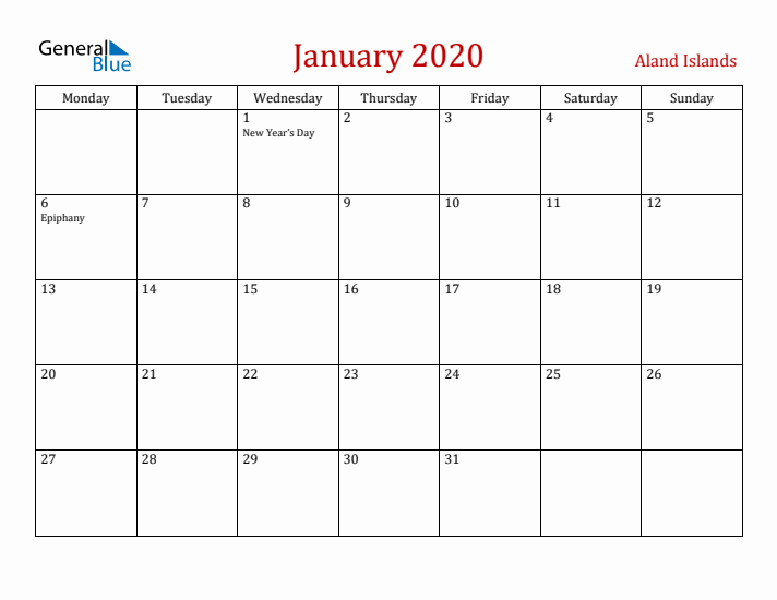 Aland Islands January 2020 Calendar - Monday Start