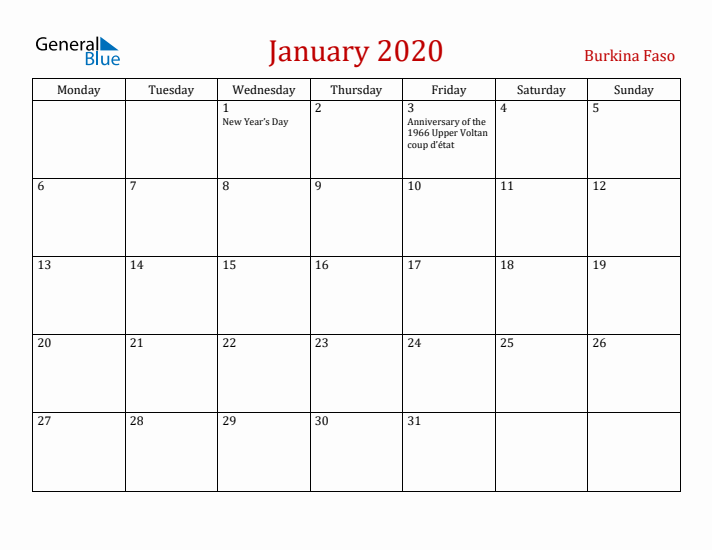 Burkina Faso January 2020 Calendar - Monday Start
