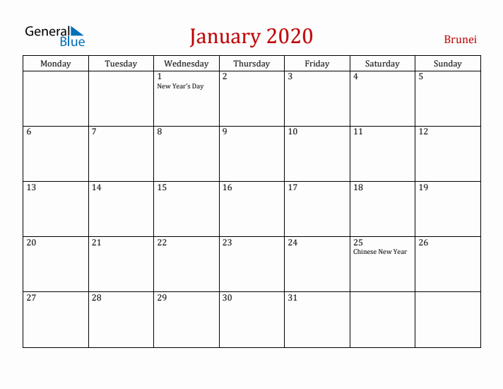 Brunei January 2020 Calendar - Monday Start