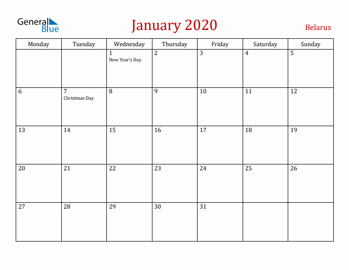 Belarus January 2020 Calendar - Monday Start