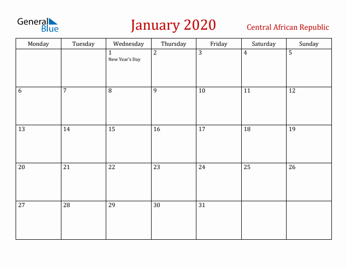 Central African Republic January 2020 Calendar - Monday Start