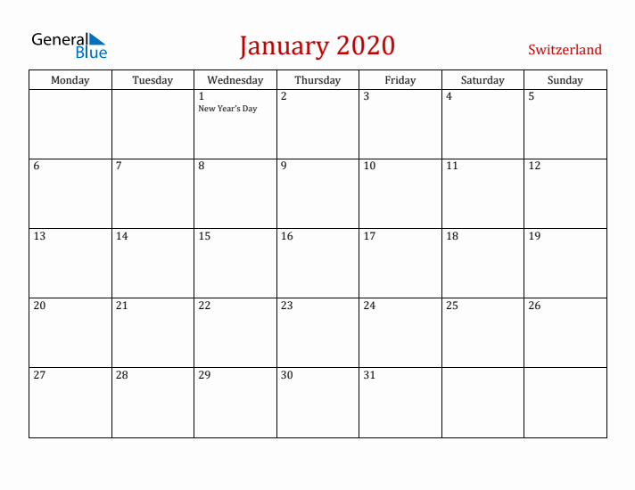 Switzerland January 2020 Calendar - Monday Start