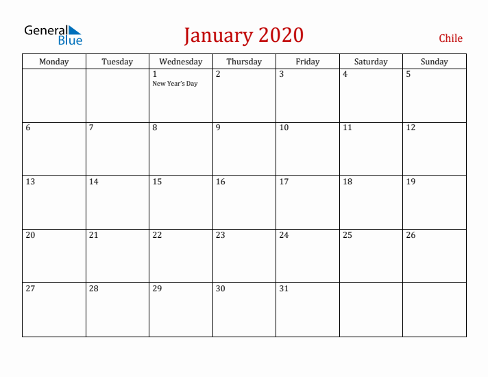 Chile January 2020 Calendar - Monday Start